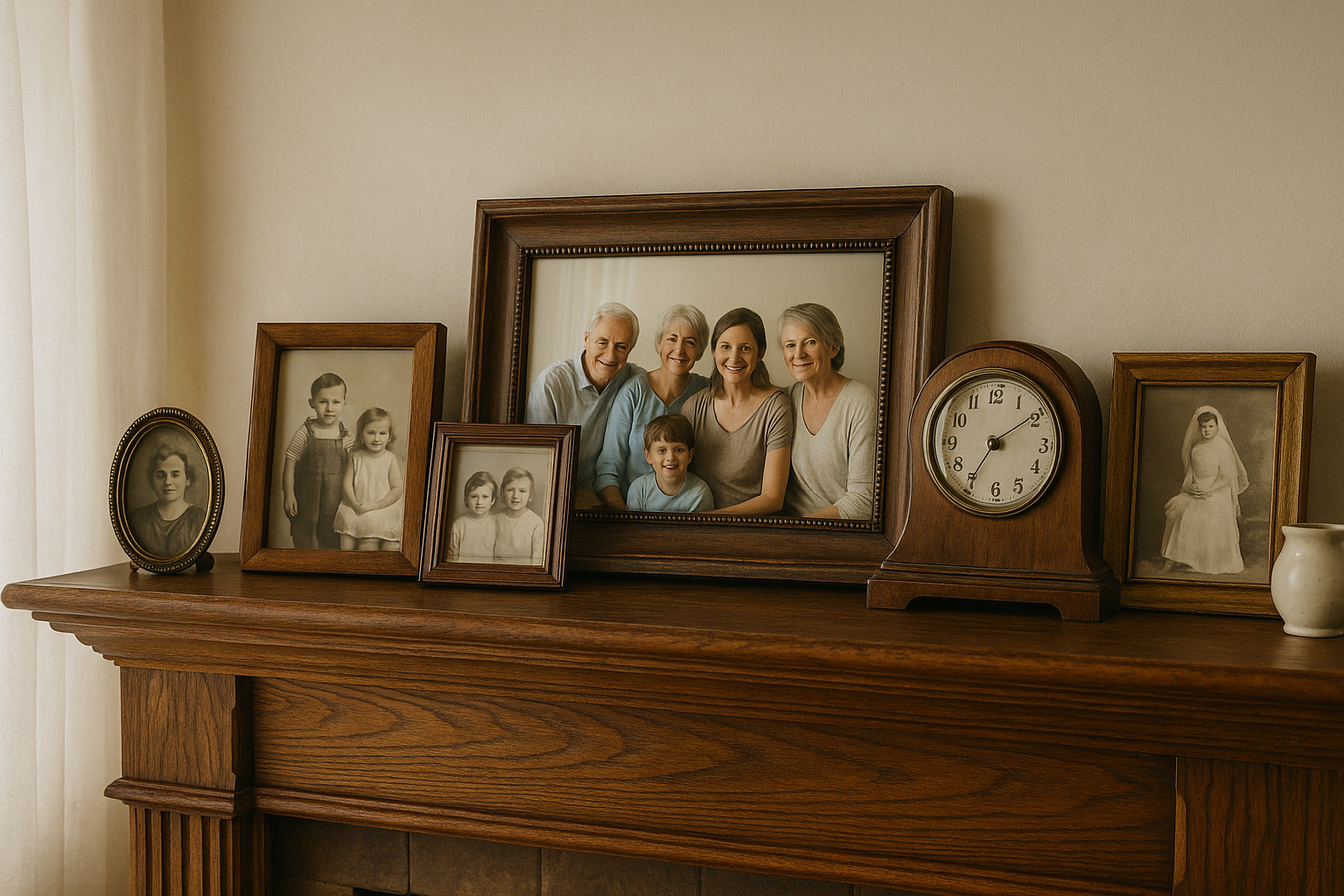 Wooden mantle with family photos and clock